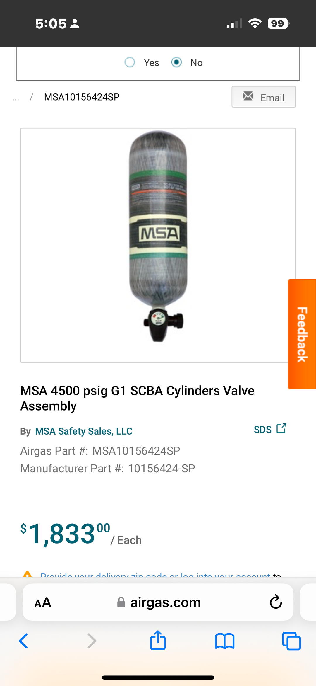 MSA psig 4500 SCBA cylinder valve assembly 